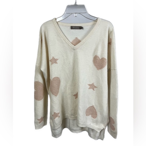 Brodie Cashmere Women´s Starstuck Print Cashmere Cream V-Neck Sweater- Size‎ S,All Products : American Fashion Style Bags On Sale